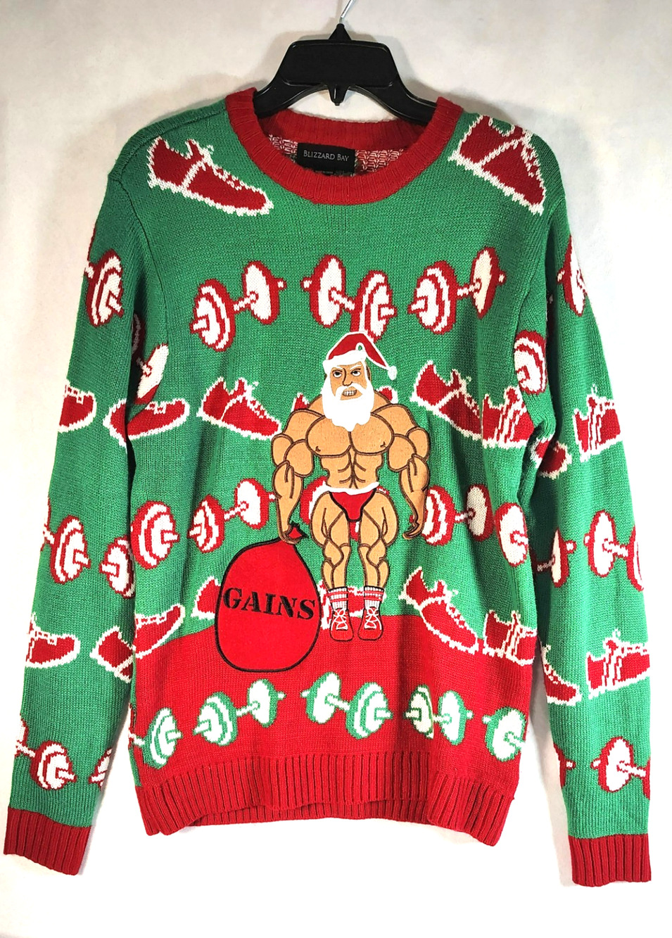 Blizard Bay Ugly Christmas Sweater "Gains" Workout Gym Christmas Size S